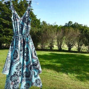 👗H&M Aqua Chocolate Brown Print Midi Dress Small